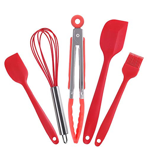 Silicone Cooking Utensils 5 pcs Silicone Cooking Utensil Set Stainless Steel Non-stick Cookware Heat Resistant Kitchen Utensil Set Cooking Baking Cookware Set for Kitchen Apartment Essentials Red