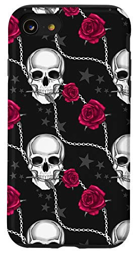 iPhone SE 2020  7  8 Cool Halloween Phone Cover Skull Head Red Rose Design Black Case