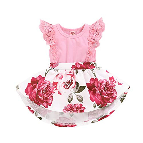 Newborn Infant Baby Girls Floral Dress Flutter Lace Sleeve Skirts Ruffle Dresses Summer Outfits Pink B 0-3 Months