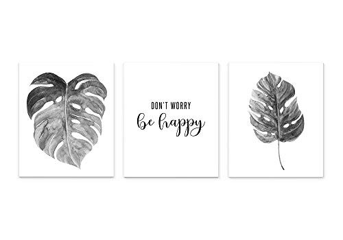 Modern Black And White Boho Tropical Leaf Typography Dont Worry Be Happy Saying Wall Art Set of 3 8x10 inch Unframed Print Poster With Inspirational Quote for Office Yoga or Home Decor