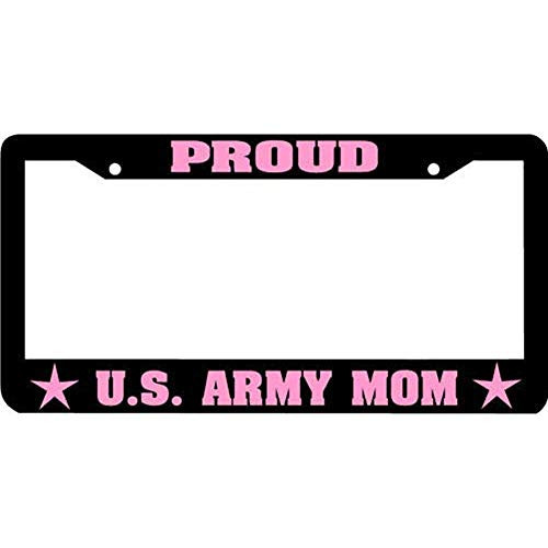 XYcustomBest Black License Plate Frame - Us Army Mom Proud Pink - Stainless Steel Metal License Plate Frame with Chrome Screw Caps - 2 Holes Car License Plate Cover for US Vehicles