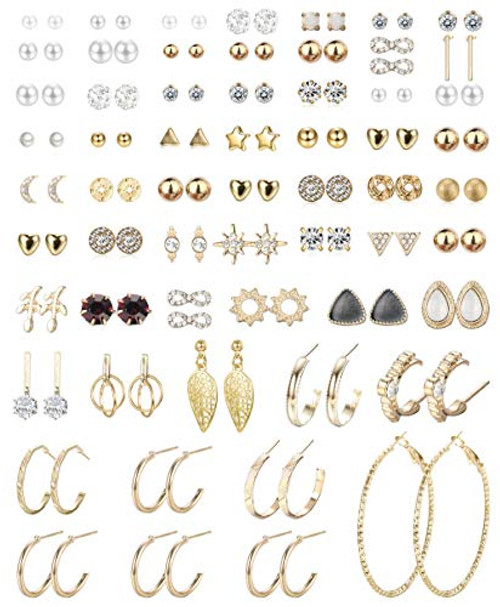 Jstyle 60 Pairs Assorted Multiple CZ Faux Pearl Heart Moon Stud Earrings for Womens Simple Cute Big Hoop Dangle Earrings Set