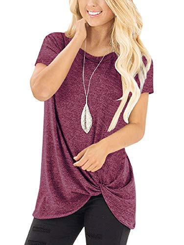 SHIBEVER Womens Tops Short Sleeve Shirts Twist Knotted T Shirts Round Neck Tunic Wine Red XL