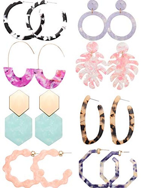 8 Pairs Mottled Acrylic Hoop Earrings Resin Statement Drop Dangle Earrings Polygonal Bohemian Fashion Jewelry Earrings for Women Girls Classic Bohemian Style