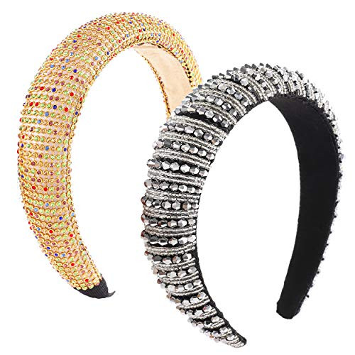 2PCS Rhinestone Padded Headbands for Women Girls Bejewelled Hairbands Colorful Beads Crystal Embellished Headbands Wide Velvet Hair Hoop Wedding Party Headwear Holiday Gifts Style B