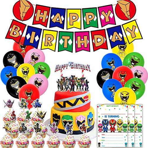 Nelton Birthday Party Supplies For Power Ranger Includes Banner - Cake Topper - 24 Cupcake Toppers - 18 Balloons - 15 Invitation Cards