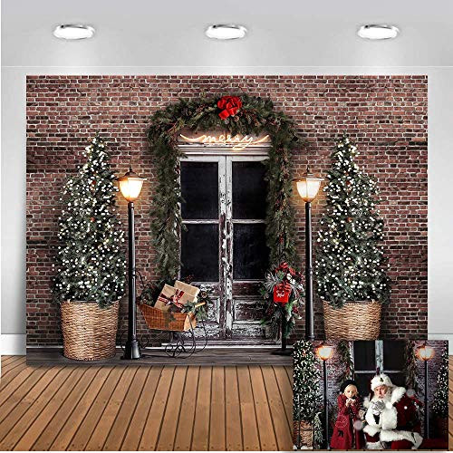 Avezano Christmas Store Photography Backdrop 7x5ft Brick Wall Newborn Portrait Background for Photo Studio Christmas Tree Outside Street Photo Booth Studio