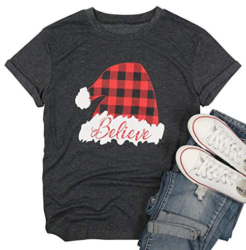 JINTING Christmas Believe Hat Shirt Cute Short Sleeve Christmas Graphic Print Tee Shirts Tops for Women M Dark Gray
