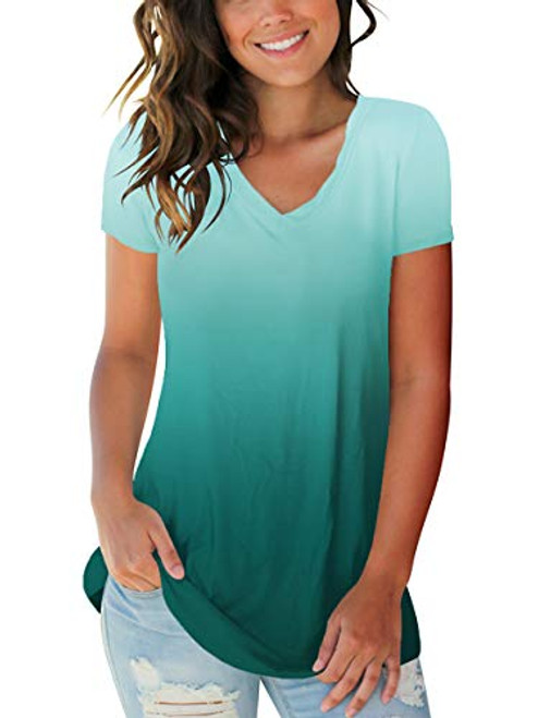 Womens Short Sleeve Boho Summer Tops Basic V Neck Tee Shirts Ombre Lake Green L