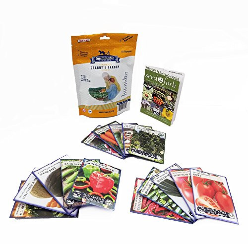 Grannys Garden Heirloom Vegetable Seed Collection - 15 Varieties Non-GMO Heirloom Beet Carrot Cucumber Basil Kale Lettuce Melon Onion Pea Pepper Squash and Tomato Seeds by Sustainable Seed Company