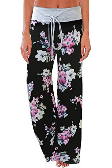 AMiERY Womens Casual Pajama Pants Lounge High Waisted Wide Leg Comfy Drawstring Floral Print Palazzo Pj Bottoms Pants Black S