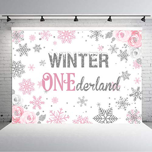 Aperturee 7x5ft Winter Onederland Backdrop Newborn Baby Girls First 1st Christmas Birthday Snowflake Background Photography Holiday Pink Silver Party Decoration Photo Booth Candy Table Decor Banner