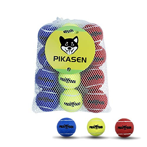 PIKASEN Dog Squeaky Tennis Balls for Pet Playing in 3 Sizes Premium Strong Dog   Puppy Balls for Training Play Exercise The Easiest Color for Dogs Red Yellow Blue Small-12pack
