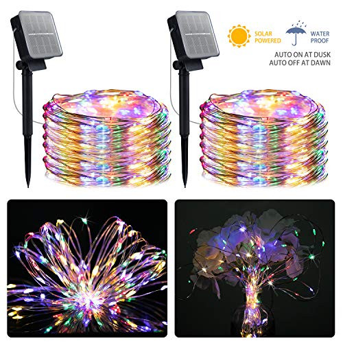 Christmas Outdoor Solar String Lights 2 Pack 33 Feet 100 Led Solar Fairy Lights Waterproof Decoration Copper Wire Lights with 8 Modes for Indoor Outdoor Patio Yard Trees Party DecorMulticolor