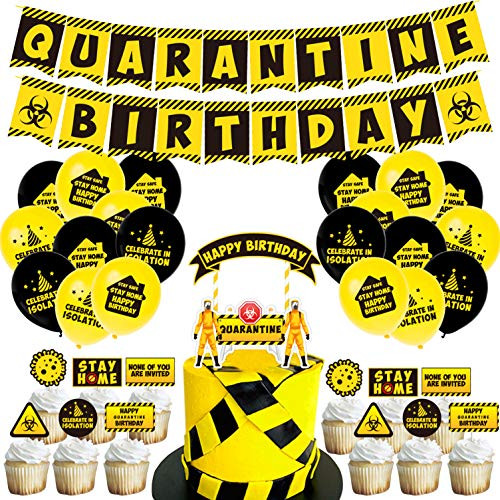 Quarantine Birthday Party Decoration Birthday Banner Quarantine Theme Party Balloons Birthday Flag Cupcake Toppers Set Social Distancing Party Decor Stay Home Birthday Supplies Decorations