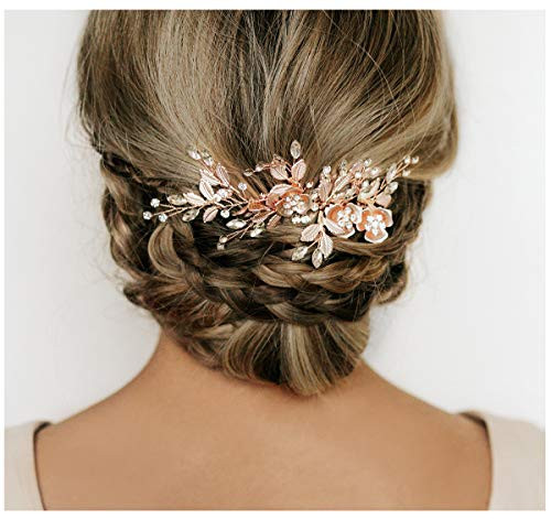 SWEETV Handmade Wedding Hair Comb Rhinestone Bridal Hair Clip-Wedding Hair Accessories for Brides and BridesmaidRose Gold