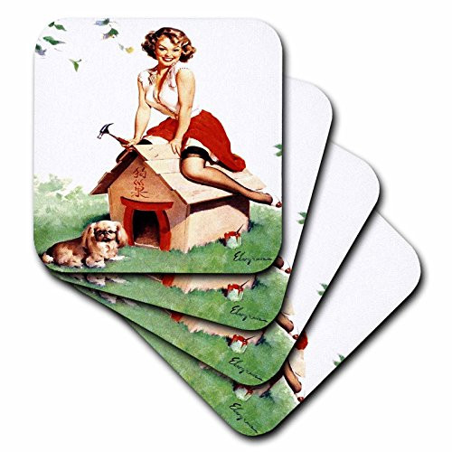3dRose cst_204069_1 Print of Elvgren Pinup Build a Dog House Soft Coasters (Set of 4)
