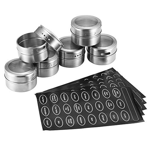 Fuoliystep 6 Powerful Magnetic Spice Tins- Stainless Steel Spice Storage Containers Kitchen Spice Jars with Clear Lid with Sift   Pour Rack Magnetic on Fridge 5 Spice Labels