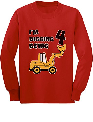 4th Birthday - Bulldozer Construction Party Toddler ToddlerKids Long Sleeve T-Shirt 4T Red