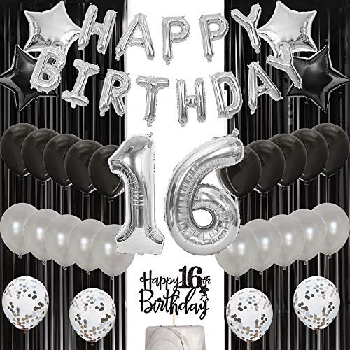16th Birthday Party Decorations Black Silver Sweet 16th Birthday Party Supplies Number 16 Balloon Happy Birthday Banner Cake Topper and Black Curtain 16th Birthday Party Decorations Black Silver Sweet 16th Birthday Party Supplies Number 16 Balloon Happy Birthday Banner Cake Topper and Black Curtain