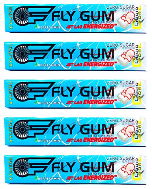 Fly Gum Jet Lag Energized - Liquid Core Xylitol Caffeine Gum 25 Pieces Pack of 5 Sugar-Free Aspartame-Free Caffeinated Gum Refreshmint Fly Gum Jet Lag Energized - Liquid Core Xylitol Caffeine Gum 25 Pieces Pack of 5 Sugar-Free Aspartame-Free Caffeinated Gum Refreshmint