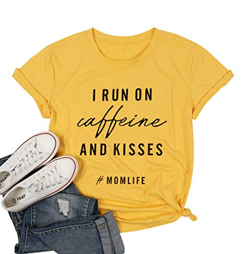 Mom Life Short Sleeve T-Shirt Women Letters Print Casual Tops Tees Mothers Day Shirts Yellow