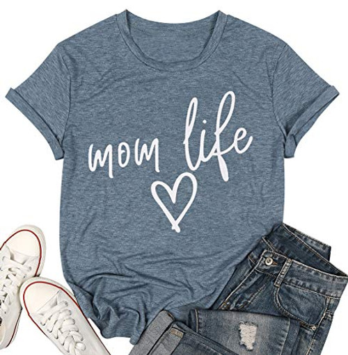 LOTUCY Mom Life Shirt Tired Mom Blessed Mama T Shirt Graphic Tee Women Letter Print Short Sleeve Tops Blue-Grey M