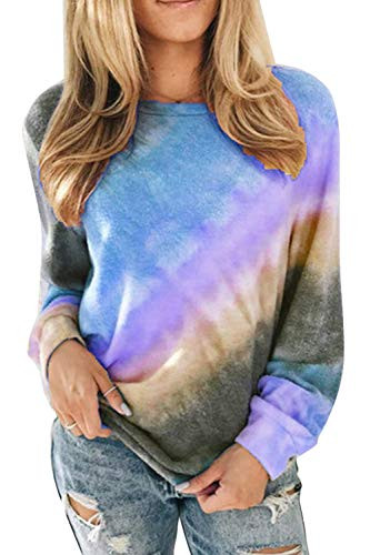 Womens Casual Color Block Tie Dye Crewneck Long Sleeve Loose Pullover Sweatshirt Tops Blue Small