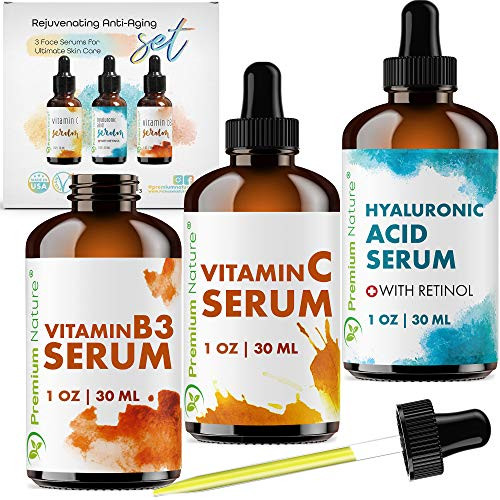 Premium Nature Facial Serum Set Facial Treatment - Natural Skincare Set 3 Pieces Pack Hyaluronic Acid with Retinol Vitamin C Serum Vitamin B3 Serum Oil Skin Serums for Jade Roller Premium Nature Facial Serum Set Facial Treatment - Natural Skincare Set 3 Pieces Pack Hyaluronic Acid with Retinol Vitamin C Serum Vitamin B3 Serum Oil Skin Serums for Jade Roller