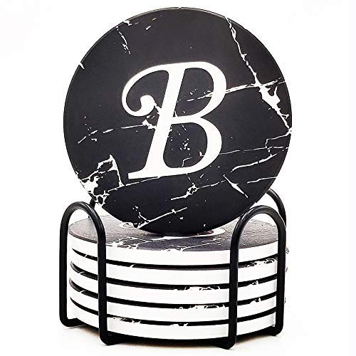 Monogram Coasters for Drinks Absorbent Coaster Set of 6 with Holder Black Marble Style Ceramic Drink Coaster Sets with Cork Base Monogrammed Letter B Monogram Coasters for Drinks Absorbent Coaster Set of 6 with Holder Black Marble Style Ceramic Drink Coaster Sets with Cork Base Monogrammed Letter B