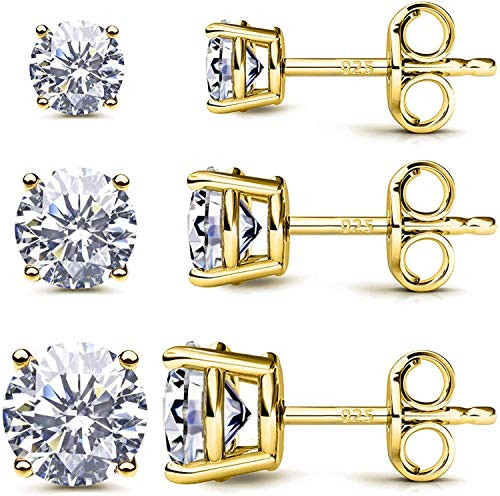 CZ Stud Earrings 925 Sterling Silver 18K Gold Plated Round Cubic Zirconia Hypoallergenic Set 18K Gold CZ Stud Earrings 925 Sterling Silver 18K Gold Plated Round Cubic Zirconia Hypoallergenic Set 18K Gold