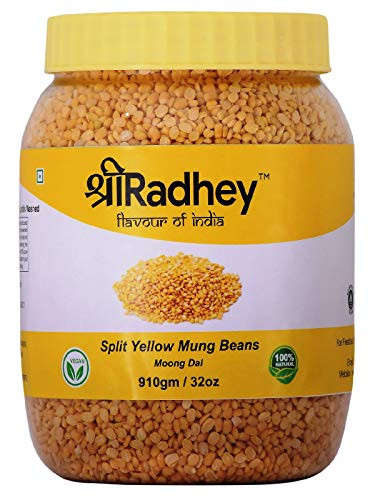 Shree Radhey - Indian Split Yellow Mung Lentils - Protein   Fiber Rich Moong Dal 2 Pound  32 oz 910 gm All Natural  Vegan  Indian Origin  PET Jar