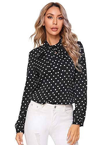 Romwe Womens Bow Tie Neck Long Sleeve Casual Office Work Chiffon Blouse Shirts Tops Black XL