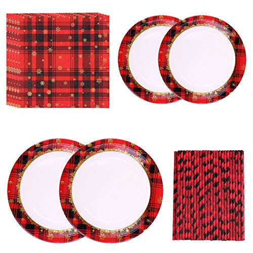 Aneco 148 Pieces Red and Black Plaid Party Supplies Party Tableware Paper Plates Paper Straws and Napkins for Christmas Tableware Set Serve 24 Guest