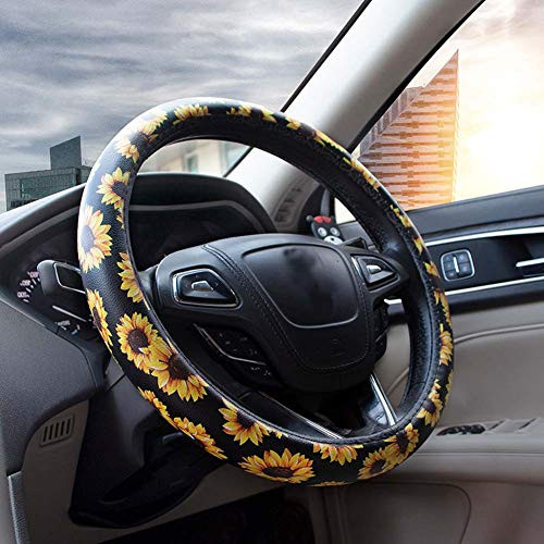 BuilLLin 15 inch Microfiber Leather Sunflower Steering Wheel Cover for Women Yellow
