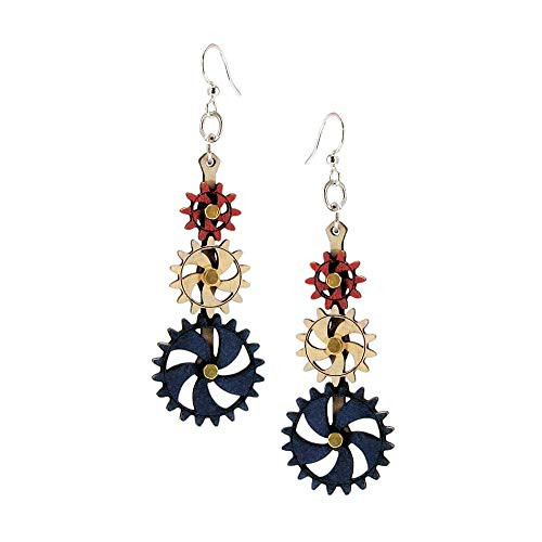 Green Tree Handmade Steampunk Kinetic Piston Gear Dangle Earrings 5009F Red White and Blue