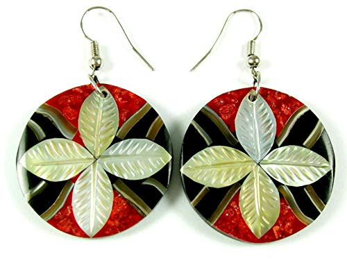 Natural Mother of Pearl Shell Red Coral Dangle Drop Earrings Handmade Women Jewelry DA098-A