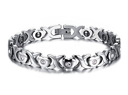 Winnie Elegant Womens CZ Loving Heart-shaped Stainless Steel Titanium Magnetic Bracelet with Free Links Removal Tool Take Care of Your Lover with Health