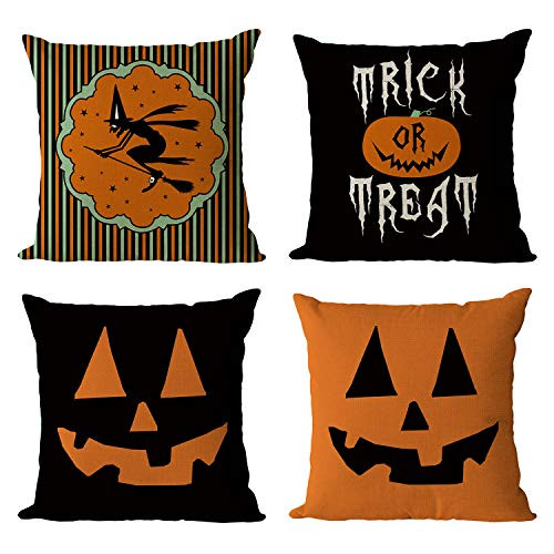 YeeJu Set of 4 Halloween Decorative Throw Pillow Covers Square Cotton Linen Cushion Covers Outdoor Couch Sofa Home Pillow Cases 16x16 Inch