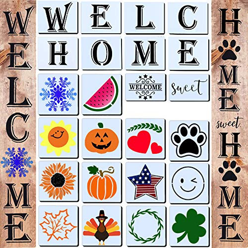 24 PCS Welcome Stencil for Painting on WoodHome Sign Stencils Reusable Porch Sign and Front Door Vertical Welcome Comes with Stencil-SunflowerDog Paw Stencil and orther Pattern Style 2