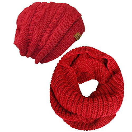 Wrapables Winter Warm Knitted Infinity Scarf and Beanie Hat Set Red
