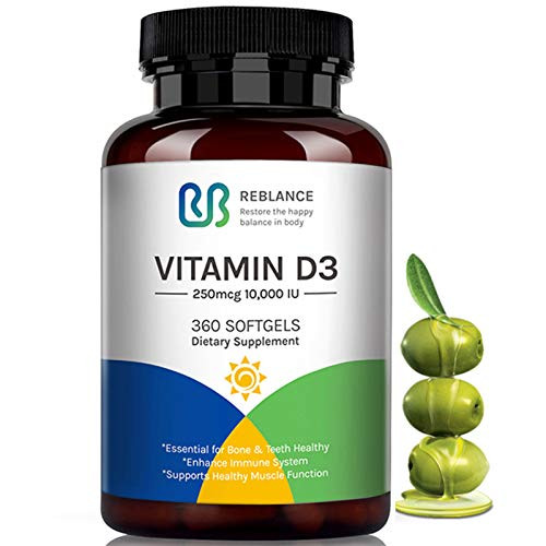 Vitamin D3 10000 IU 250 mcg for Immune Support 360 Softgels for Healthy Muscle Bone   Teeth Health Non-GMO   Gluten-Free in Organic Olive Oil