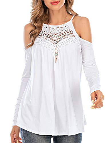 Womens Casual Long Sleeve Tops Flowy Lace Loose Cold Shoulder Blouse T-Shirts XXLWhite