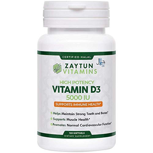 Zaytun Vitamins Halal Vitamin D3 5000 IU 120 Softgels Supports Bone Health and Immune System High Potency Made in USA - Halal Vitamins
