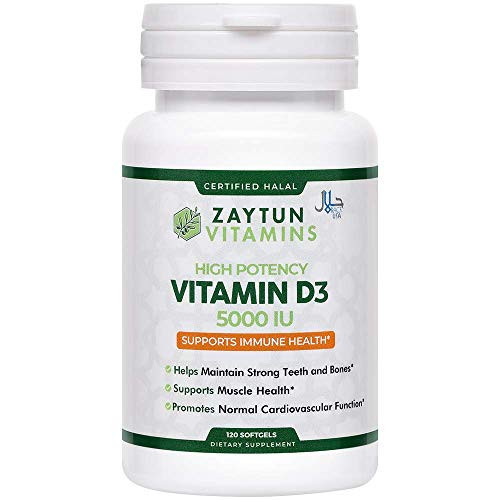 Zaytun Vitamins Halal Vitamin D3 5000 IU 120 Softgels Supports Bone Health and Immune System High Potency Made in USA - Halal Vitamins Zaytun Vitamins Halal Vitamin D3 5000 IU 120 Softgels Supports Bone Health and Immune System High Potency Made in USA - Halal Vitamins