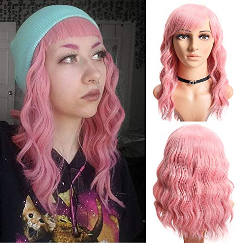 Pastel Pink Short Wavy Bob Wigs Natural Curly Wavy Wigs With Bangs Womens Shoulder Length Wigs Synthetic Bob Hair for Cosplay Party Halloween Costumes Wigs 14inchPink