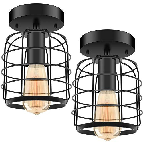 Industrial Semi-Flush Mount Ceiling Light Retro Black E26 Base Rustic Metal Cage Flush Mount Ceiling Light Fixture Farmhouse Light Fixture for Hallway Porch Bedroom Kitchen Stairway 2 Pack