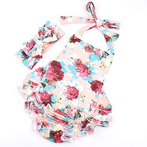 Yoriko Newborn Infant Baby Girl Clothes Floral Jumpsuit Ruffles Backless Romper Playsuit  Headband Outfits Baby Pink 18-24 Months