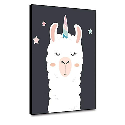 Leowefowas Canvas Wall Art 8x10 Framed Wall Painting Cute Llama Close His Eyes Cartoon Animal Poster Kids Teens Bedroom Decoration Printed Picture Wall Artwork Canvas Print For School Nursery