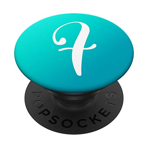Ombre Initial F Teal Light Sky Blue Green Letter F White PopSockets Grip and Stand for Phones and Tablets